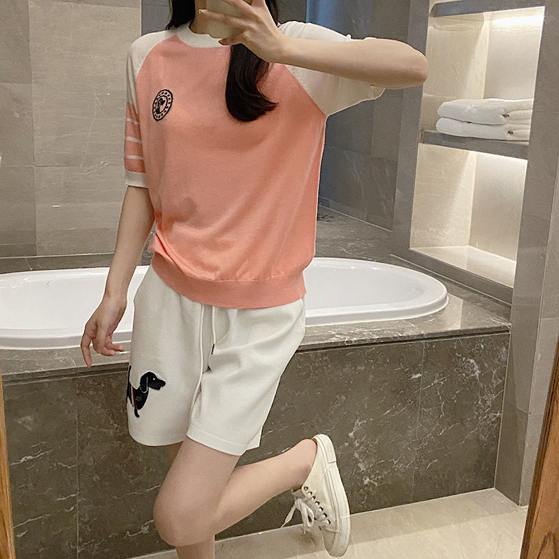 Colorblock knitted short-sleeved T-shirt