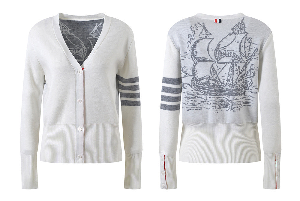 Four-Stripe Pink V-Neck Cardigan(副本) THOM TREND