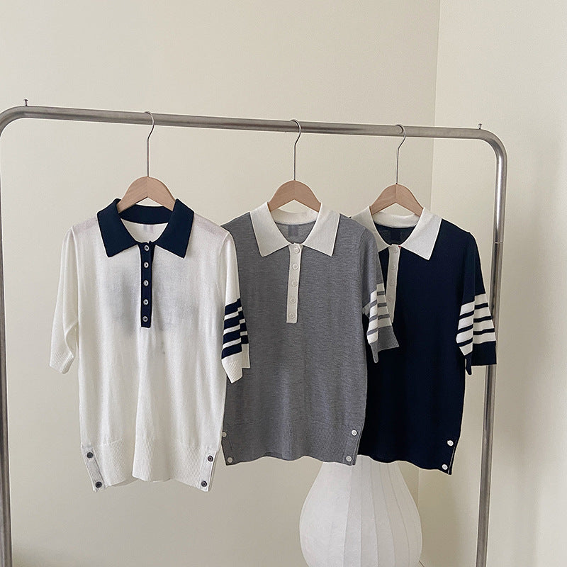 Polo collar short sleeve sweater