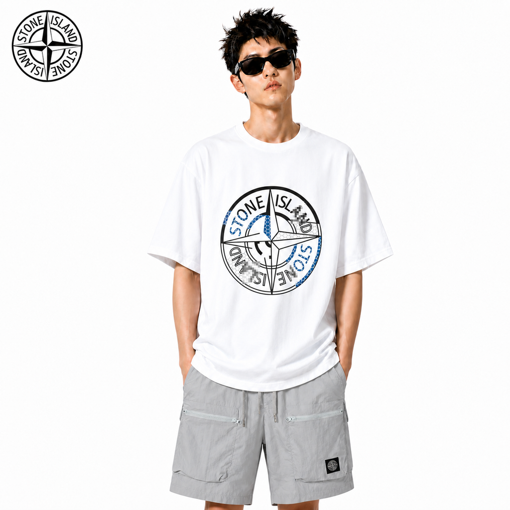 Stone Island Glitch Compass Graphic Cotton T-Shirt on male model - front view