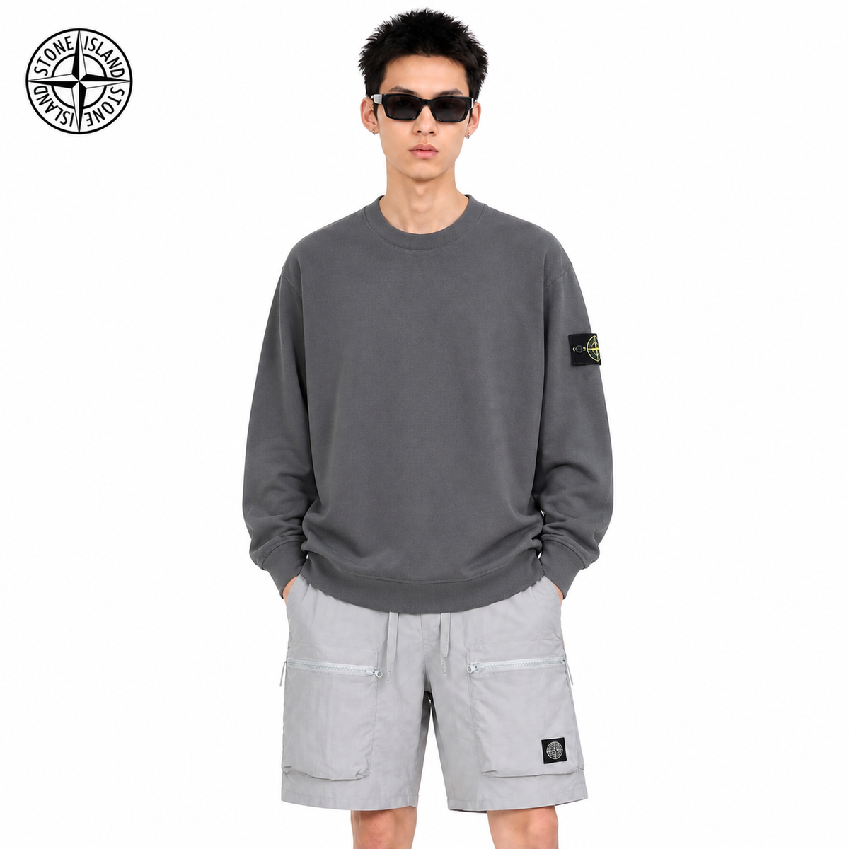 Stone Island Compass Badge Oversized Crewneck Sweatshirt on male model - front view