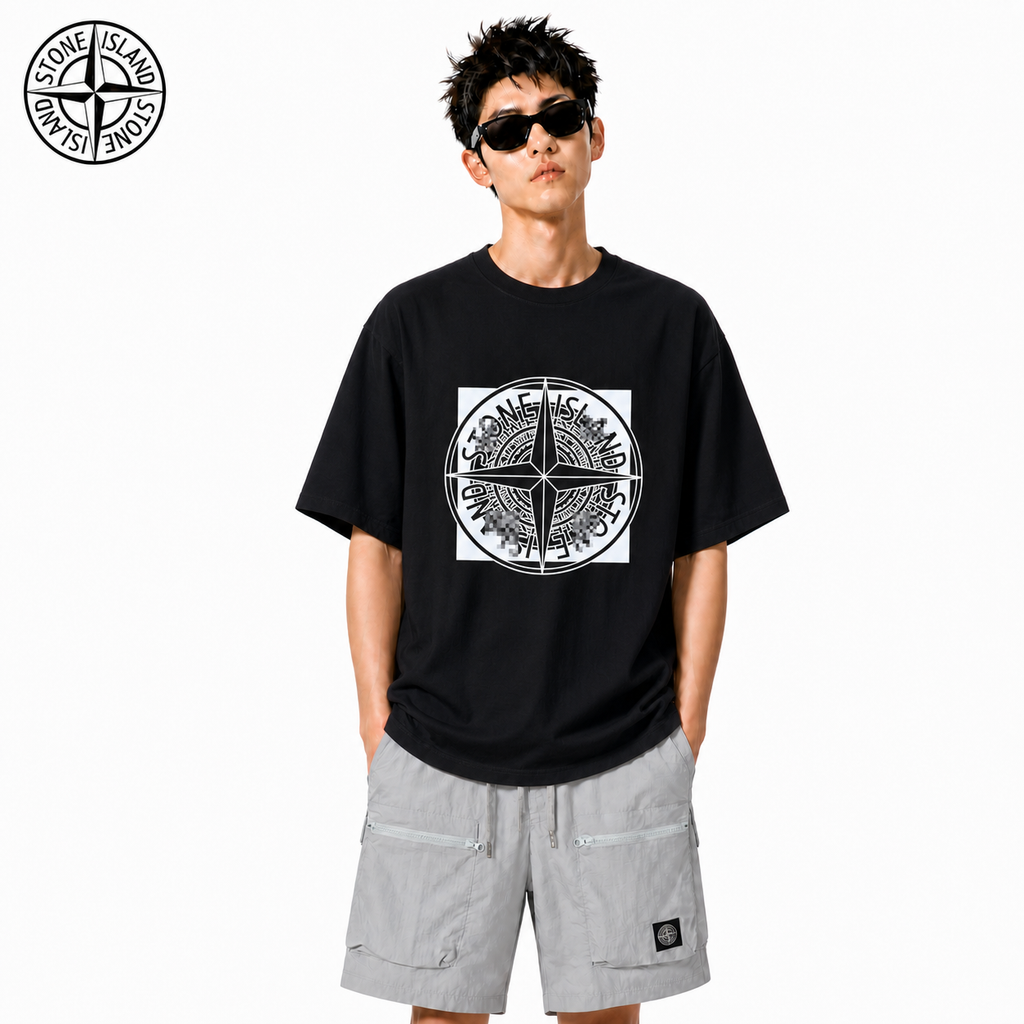 Stone Island Layered Compass Geometric Cotton T-Shirt on male model - front view