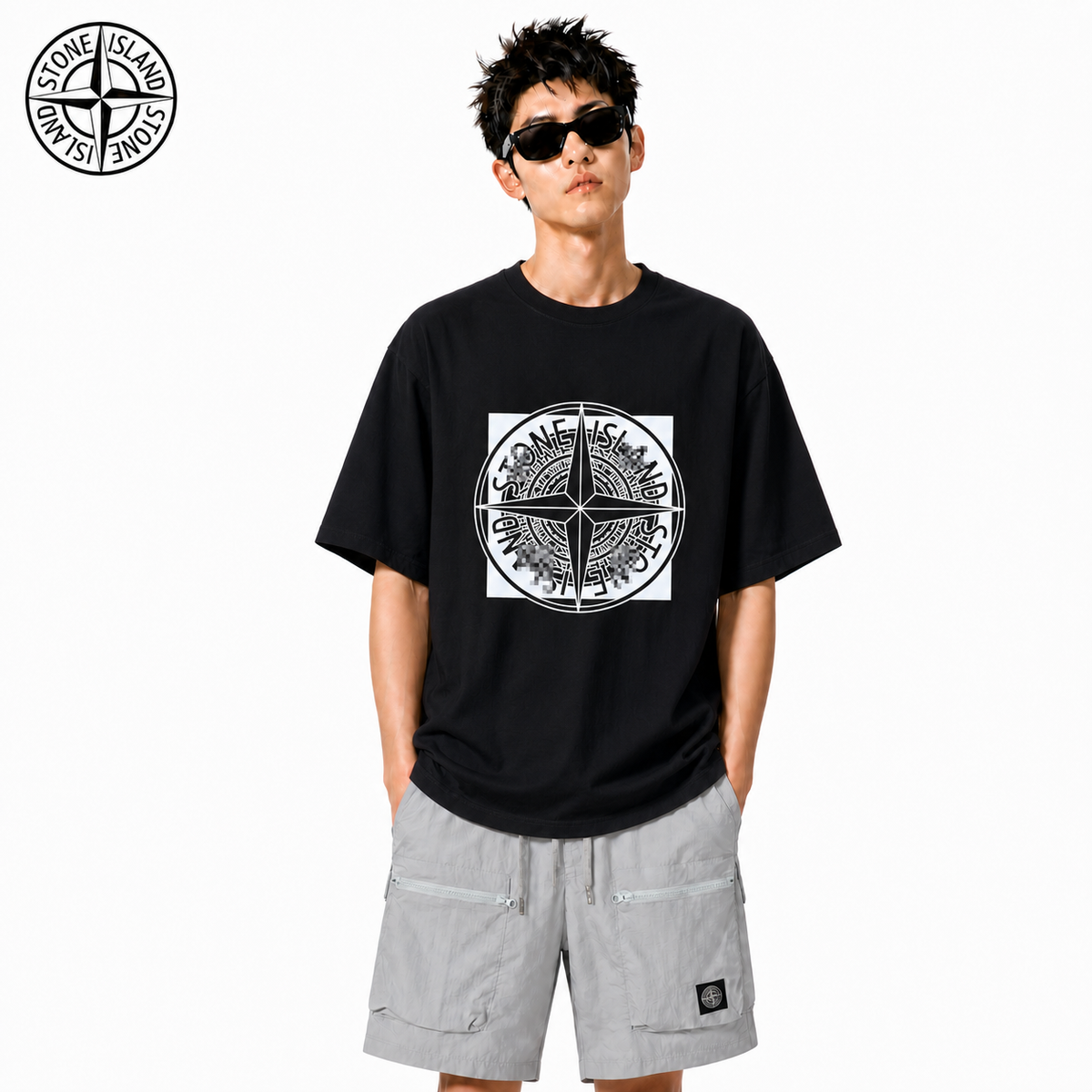 Stone Island Layered Compass Geometric Cotton T-Shirt on male model - front view