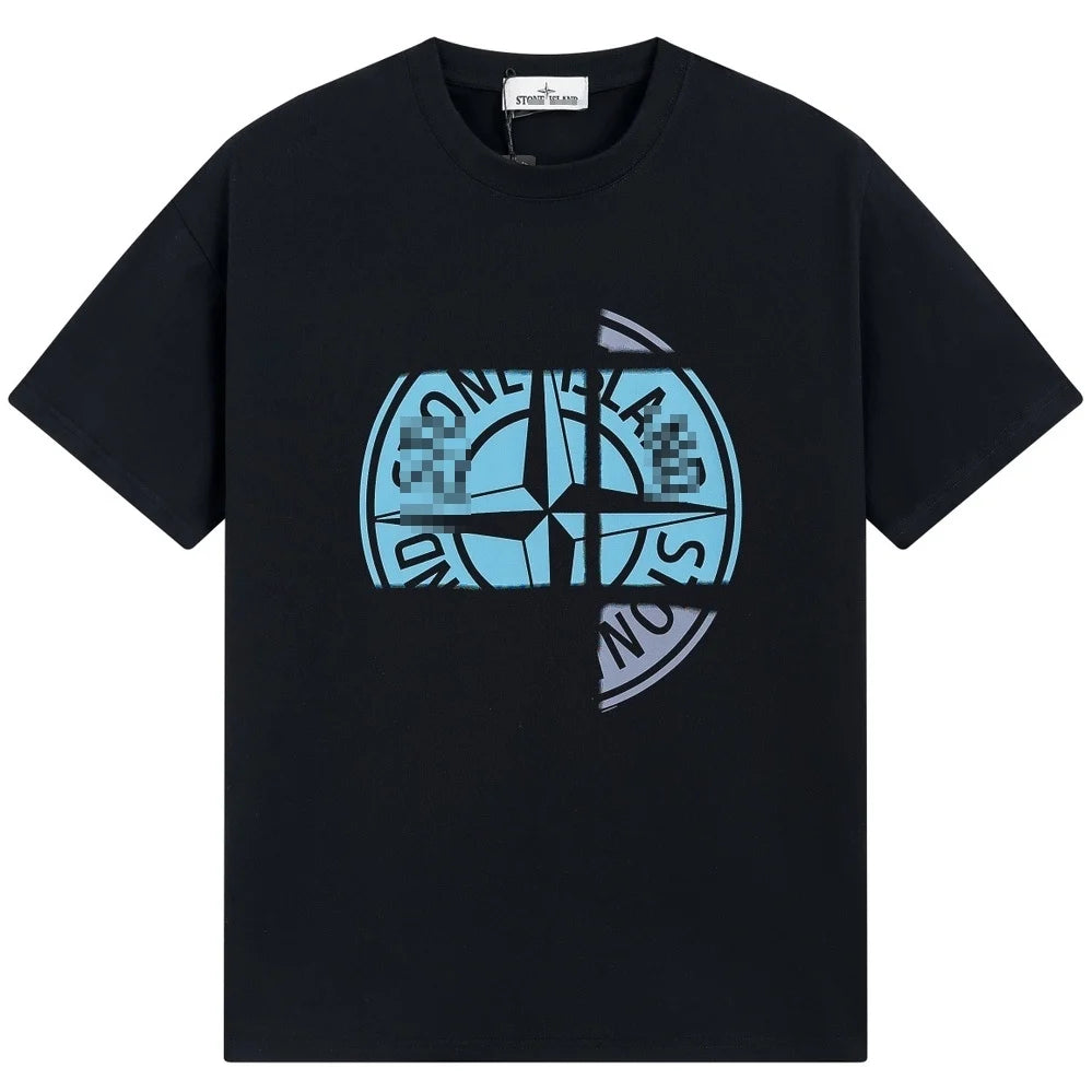 Stone Island Fragmented Blue Compass Cotton T-Shirt - White front view