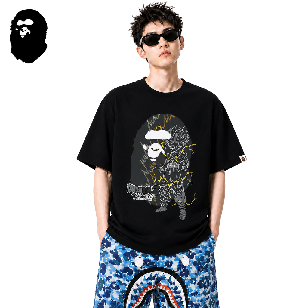 BAPE Dragon Ball Z Ape Head Men's Graphic T-Shirt - Black - Black streetwear model on pure white background