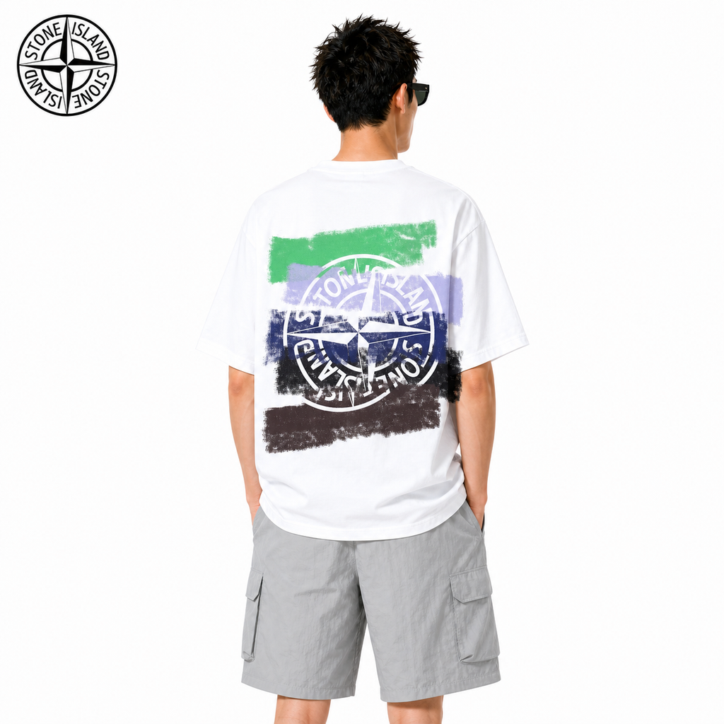 Stone Island Brush Stripe Compass Back Graphic T-Shirt on male model - back view
