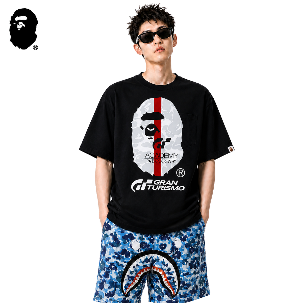 BAPE x Gran Turismo Ape Head Men's T-Shirt - Black - Black streetwear model on pure white background
