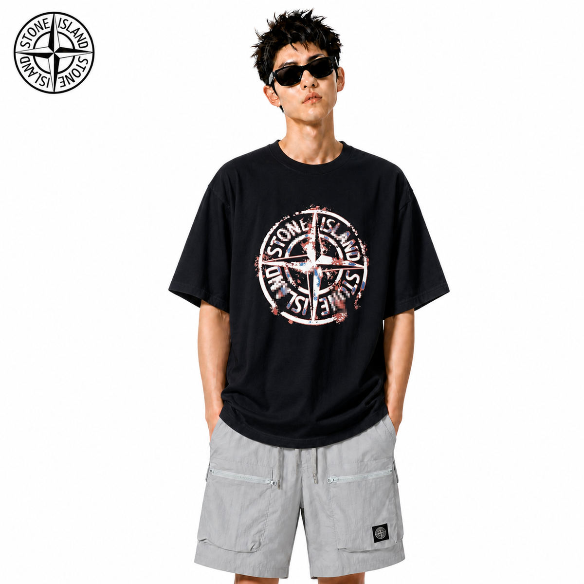 Stone Island Distressed Red Compass Graphic Cotton T-Shirt on male model - front view