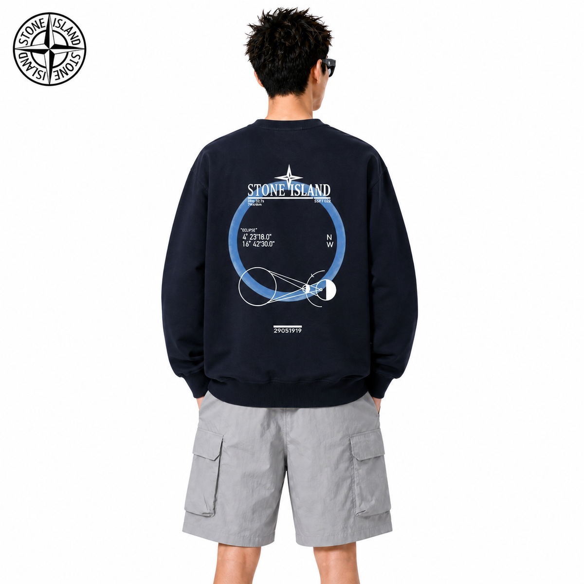 Stone Island Orbital Compass Back Graphic Crewneck Sweatshirt on male model - back view