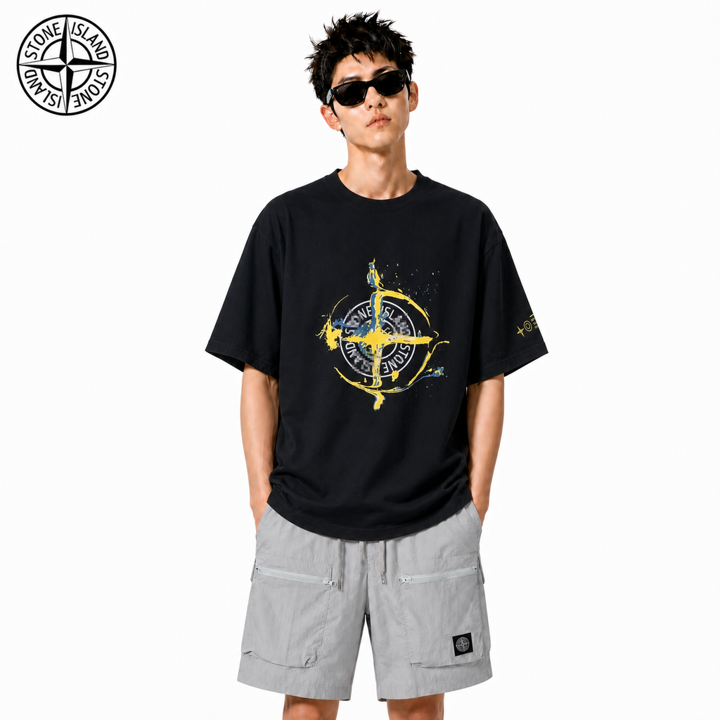 Stone Island Paint Splash Compass Graphic Cotton T-Shirt on male model - front view