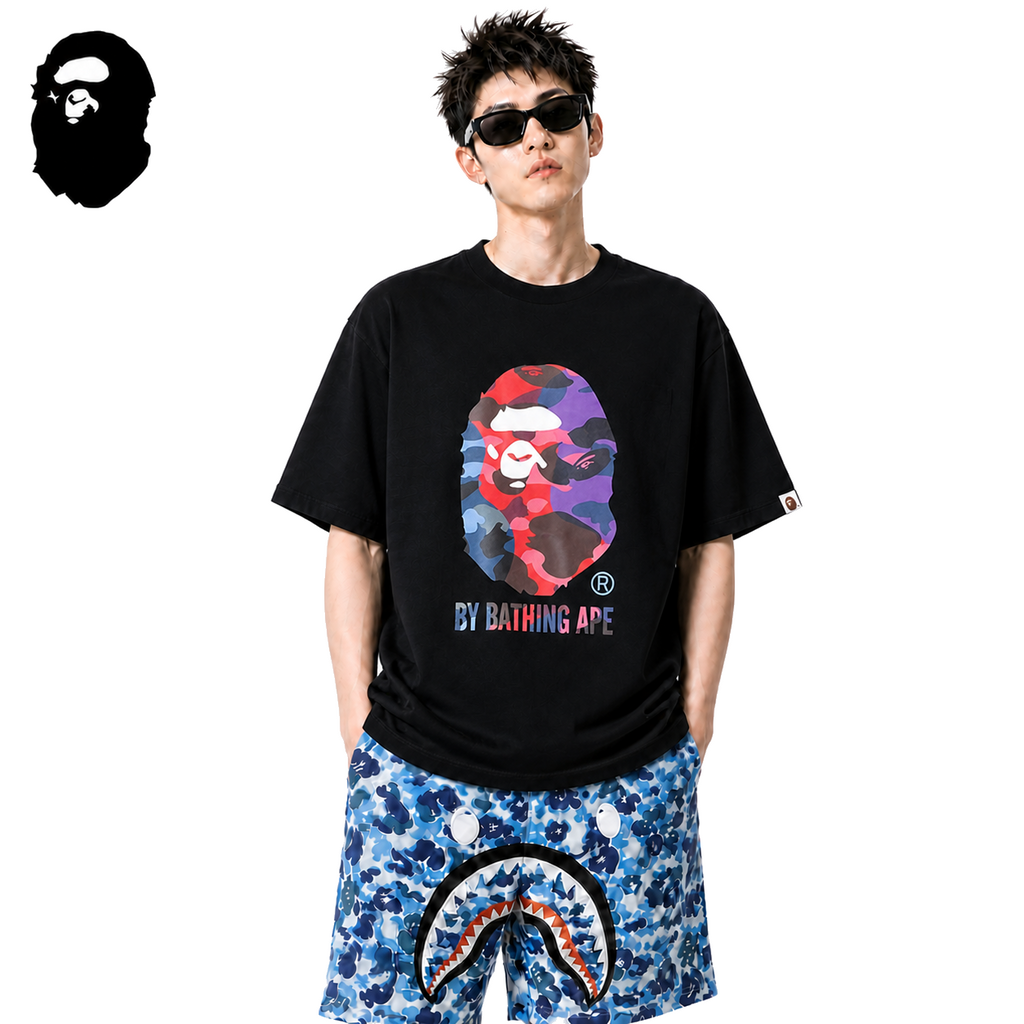 BAPE Multicolor Camo Ape Head Men's T-Shirt - Black - Black streetwear model on pure white background