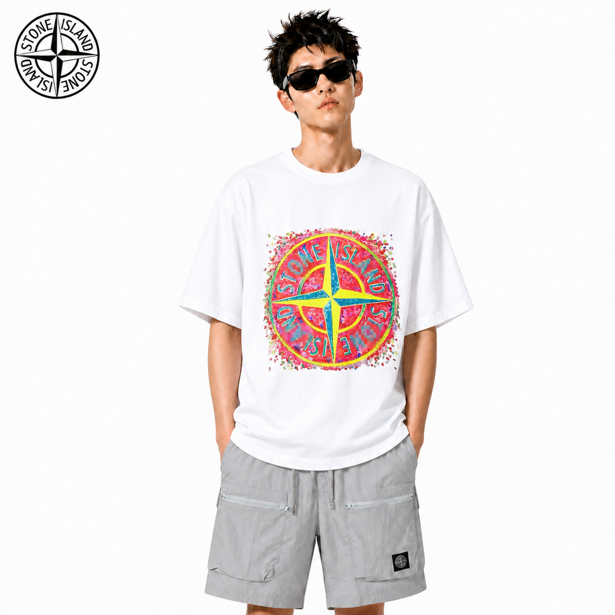 Stone Island Color Splash Compass Graphic Cotton T-Shirt on male model - front view