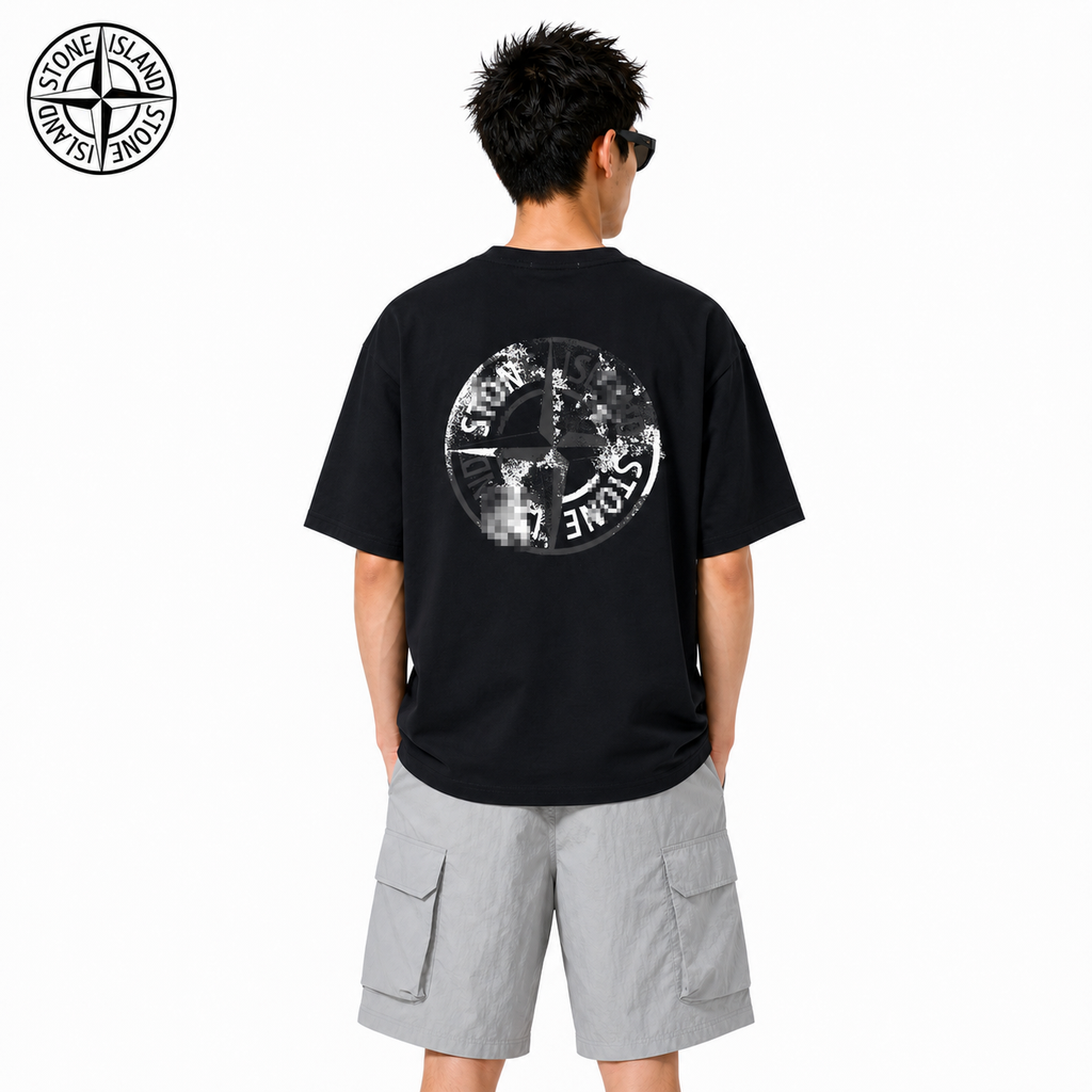 Stone Island Distressed Compass Back Print Cotton T-Shirt on male model - back view