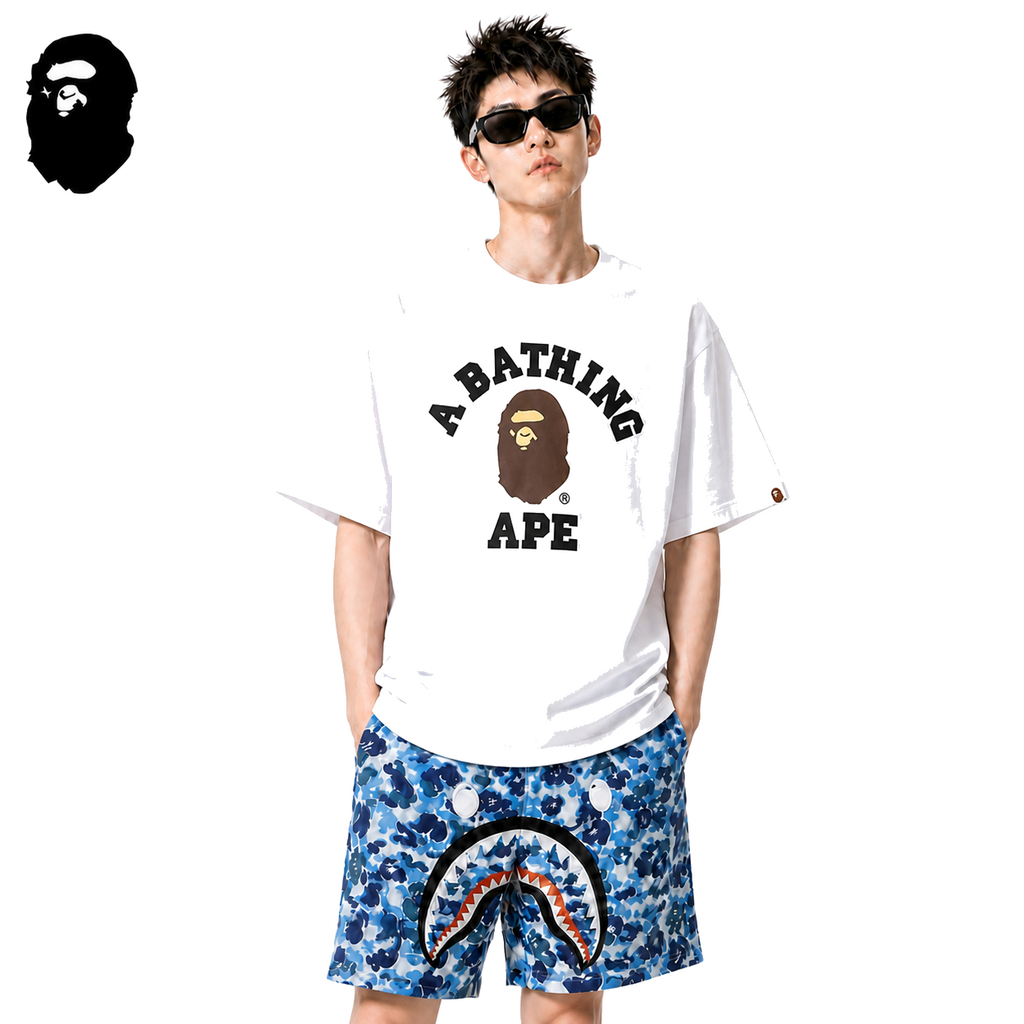 BAPE College Ape Head Men's Graphic T-Shirt - White - White streetwear model on pure white background
