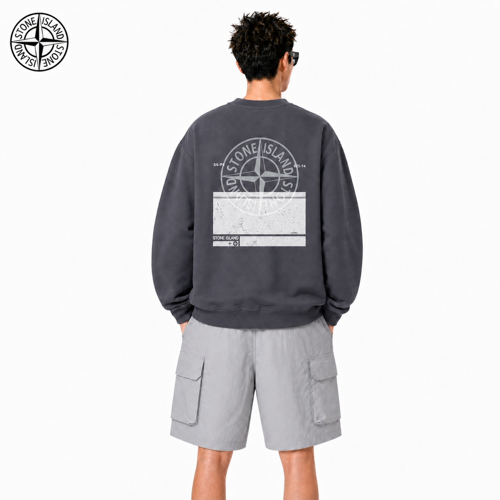 Stone Island Technical Label Back Graphic Crewneck Sweatshirt on male model - back view