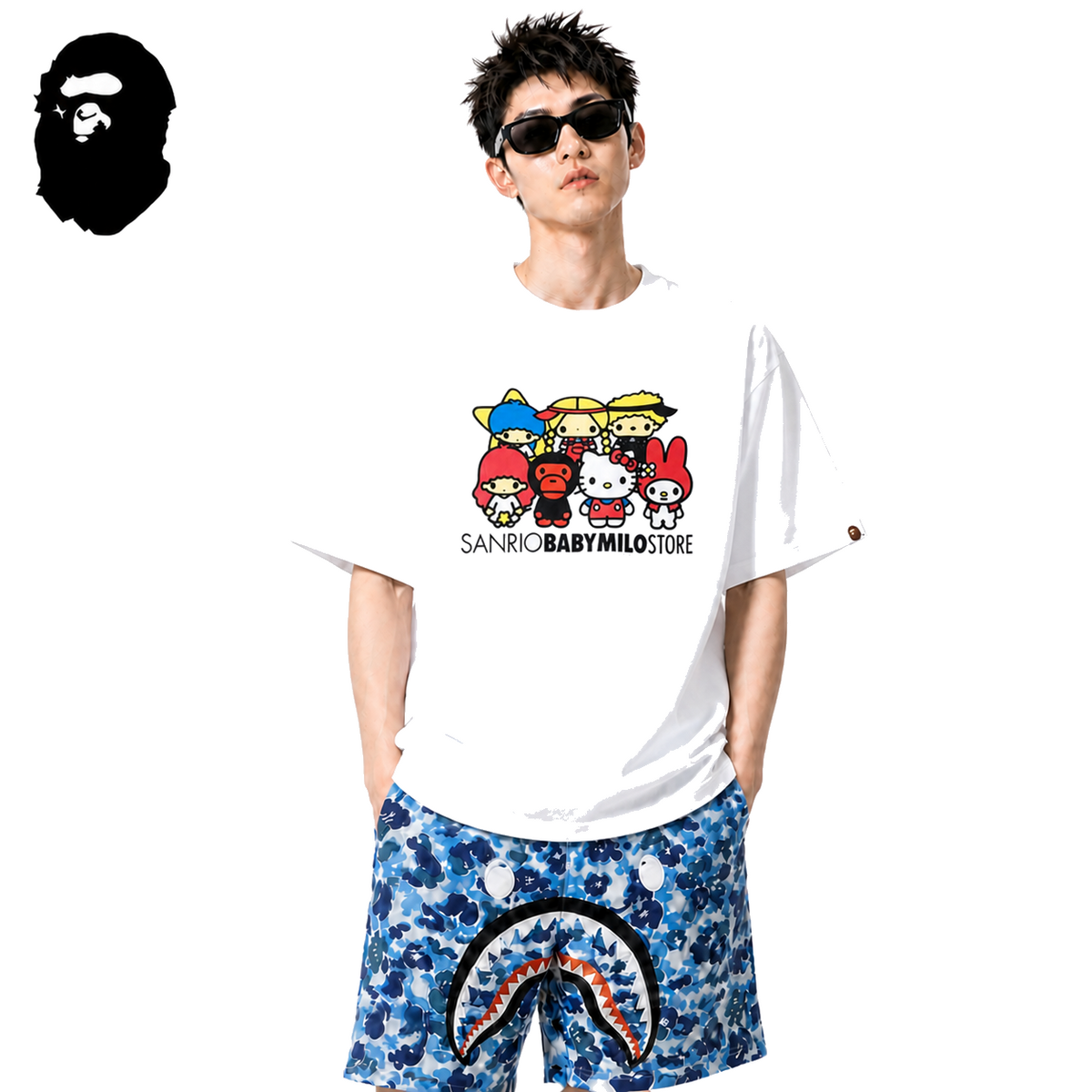 BAPE x Sanrio Baby Milo Friends Men's T-Shirt - White - White streetwear model on pure white background
