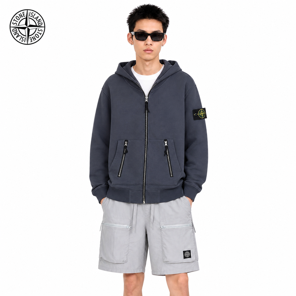 Stone Island Compass Badge Zip-Up Fleece Hoodie on male model - front view