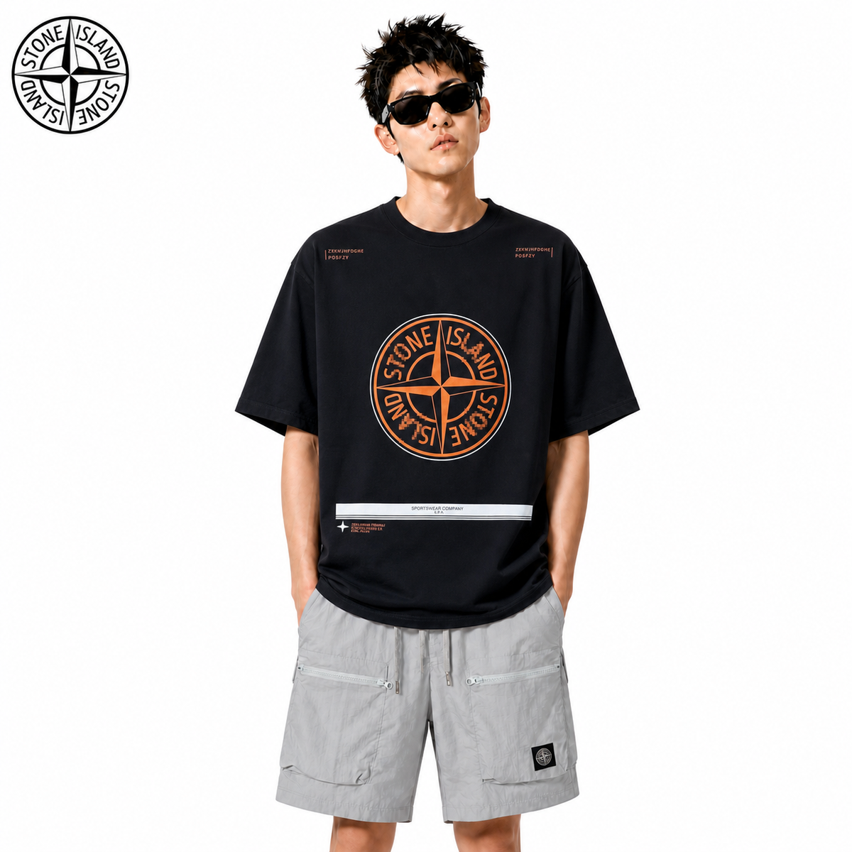 Stone Island Orange Technical Compass Cotton T-Shirt on male model - front view