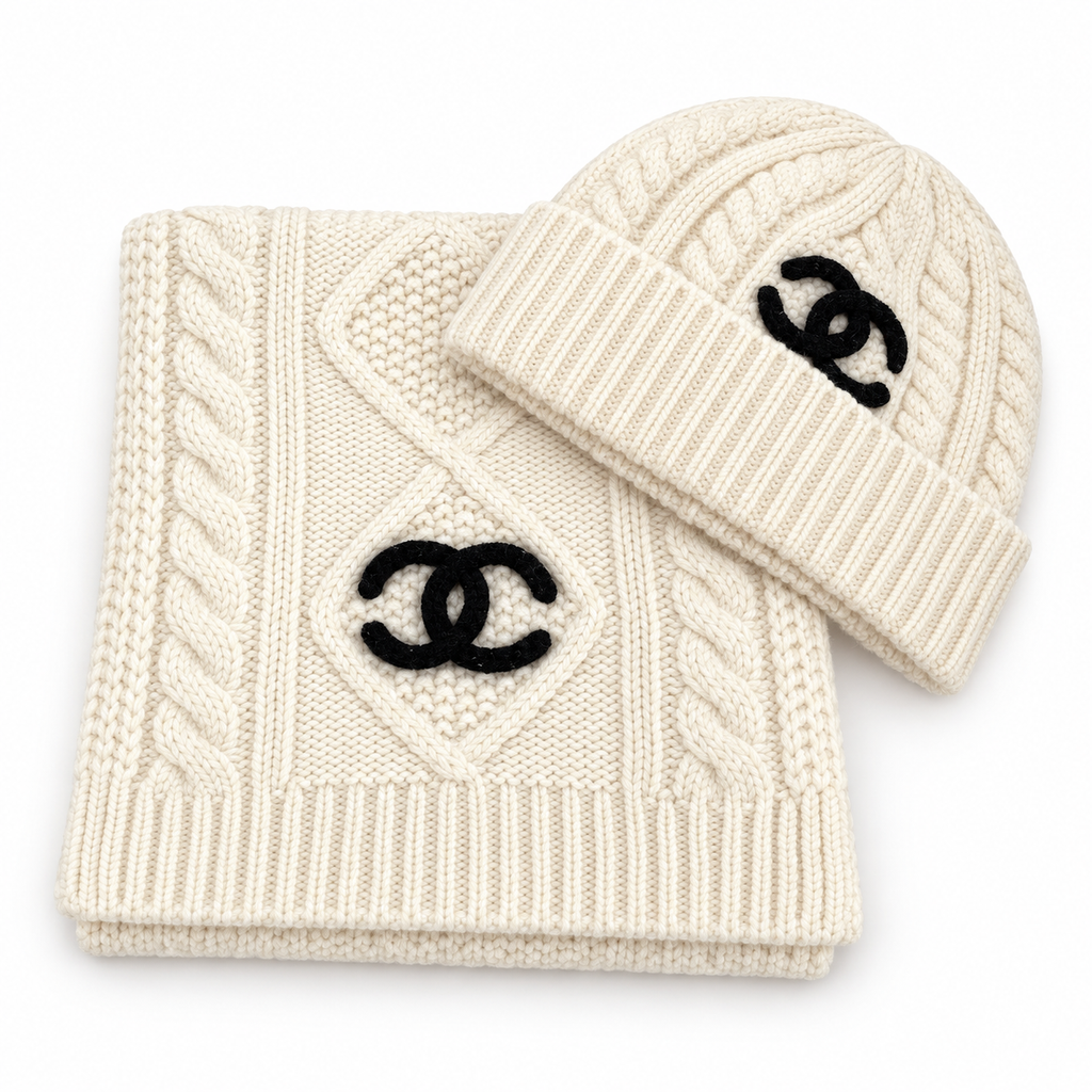 Chanel Style Rib-Knit Scarf and Beanie Set in Ivory