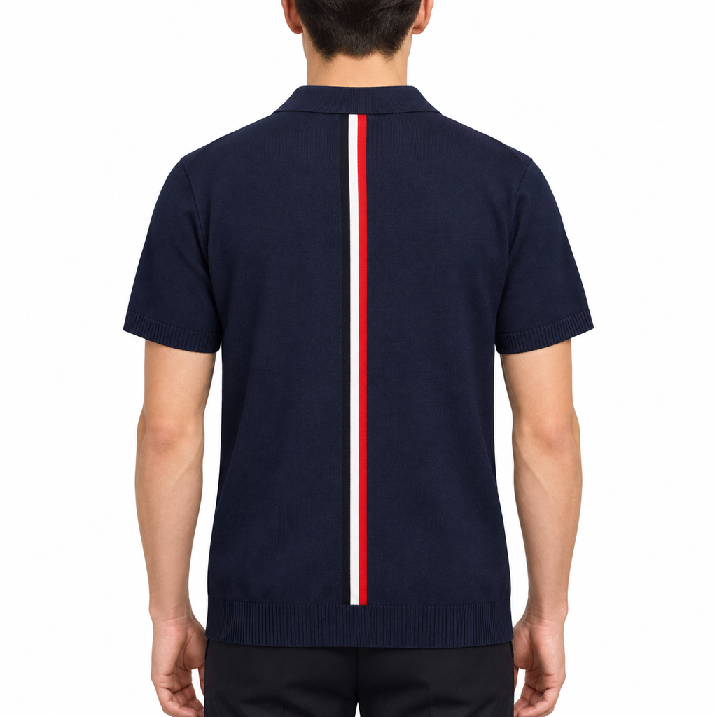 Classic Knit Polo by Thom Browne, modeled on a pure white background