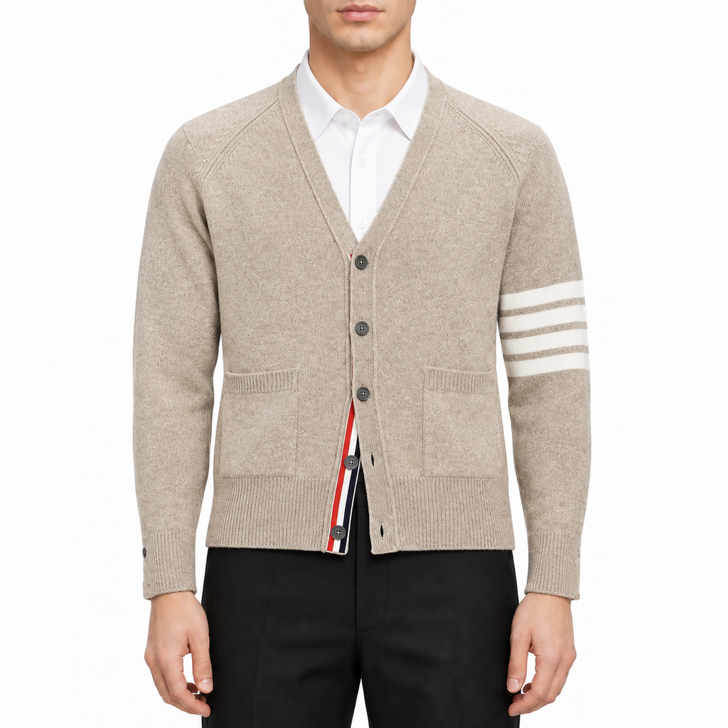 4 - Bar Premium Cotton V - Neck Cardigan - Classic Khaki Knit by Thom Browne, modeled on a pure white background