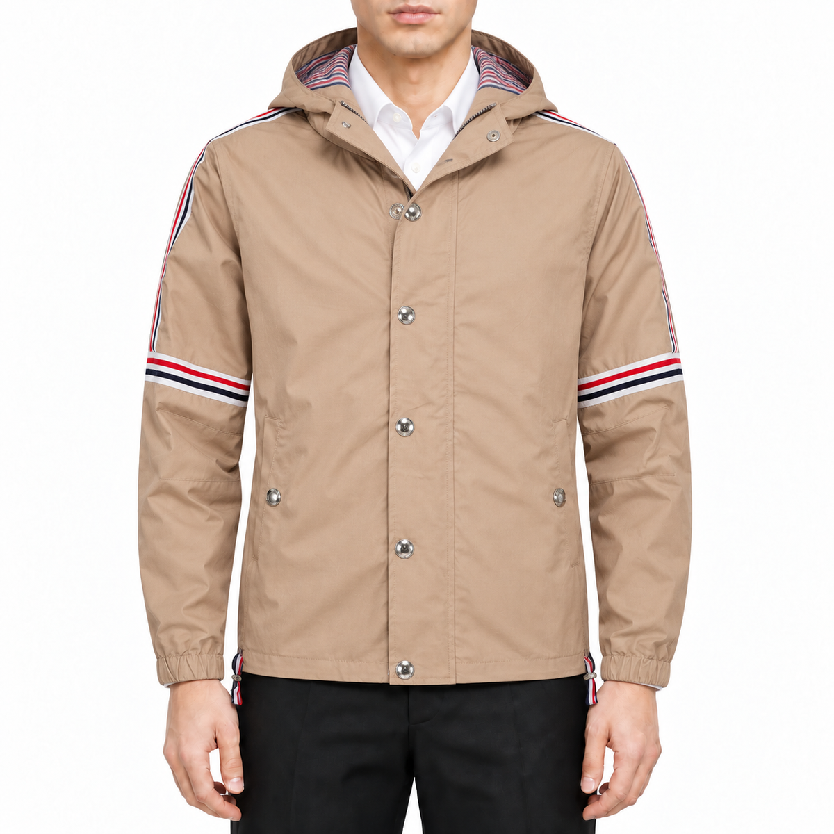 Men's Premium Trench Coat by Thom Browne, modeled on a pure white background