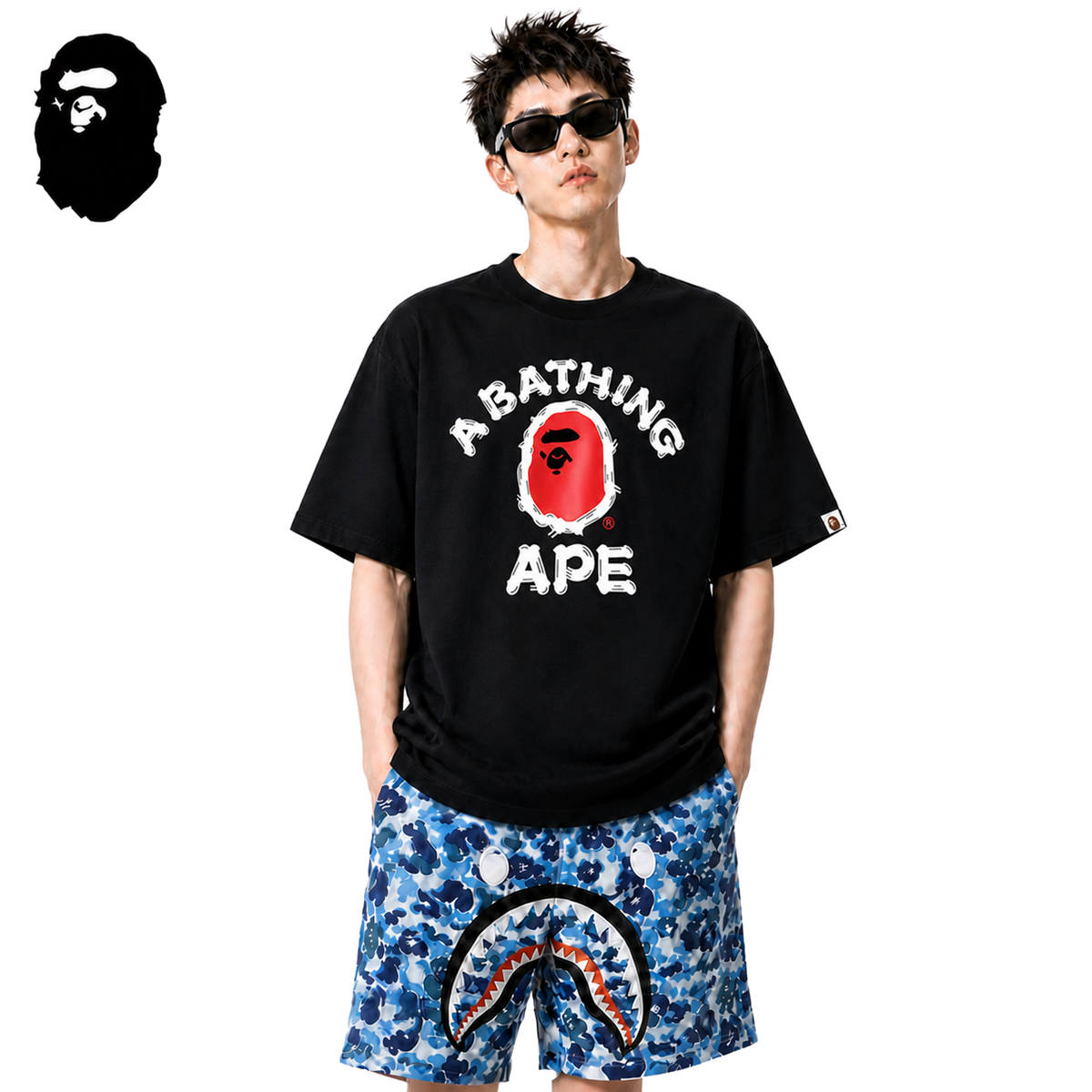 BAPE Brush College Ape Head Men's T-Shirt - Black - Black streetwear model on pure white background