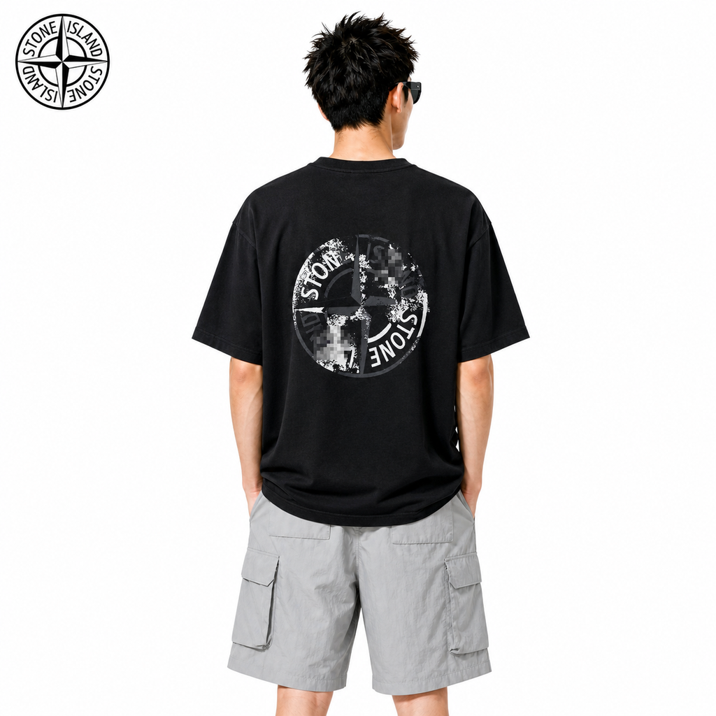 Stone Island Monochrome Distressed Compass Back T-Shirt on male model - back view