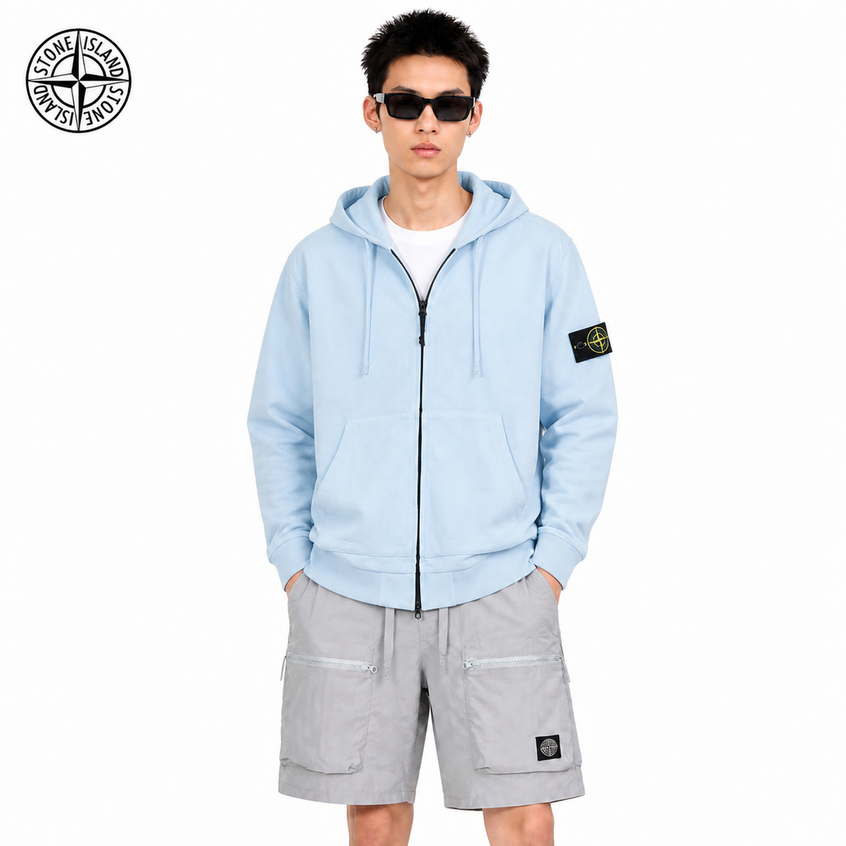 Stone Island Contrast Compass Patch Full-Zip Hoodie on male model - front view