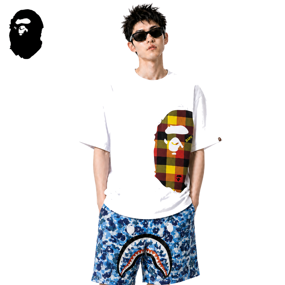 BAPE Red Plaid Side Ape Head Men's T-Shirt - White - White streetwear model on pure white background