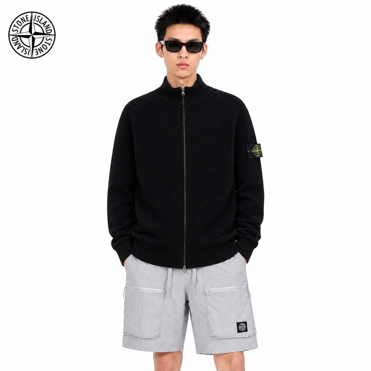 Stone Island Ribbed Mock-Neck Zip Knit Cardigan on male model - front view