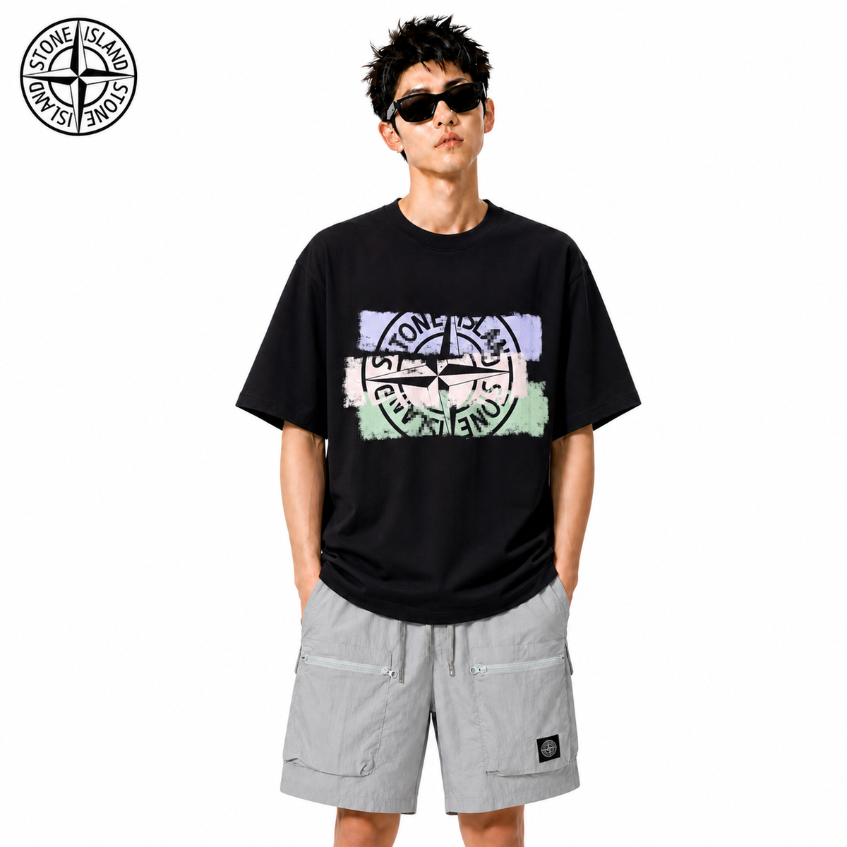 Stone Island Pastel Brush Compass Graphic Cotton T-Shirt on male model - front view