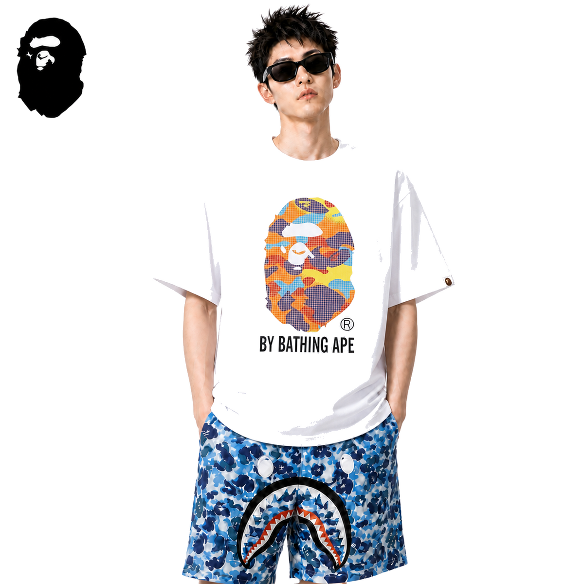 BAPE Mosaic Big Ape Head Men's T-Shirt - White - White streetwear model on pure white background