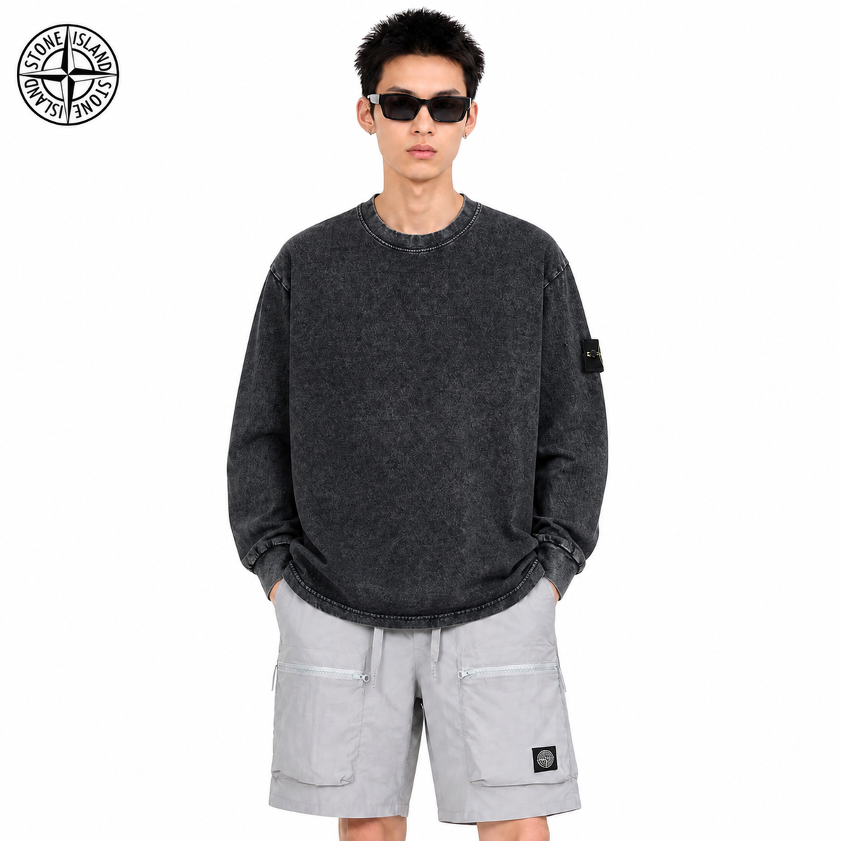 Stone Island Compass Badge Washed Oversized Long-Sleeve Tee on male model - front view