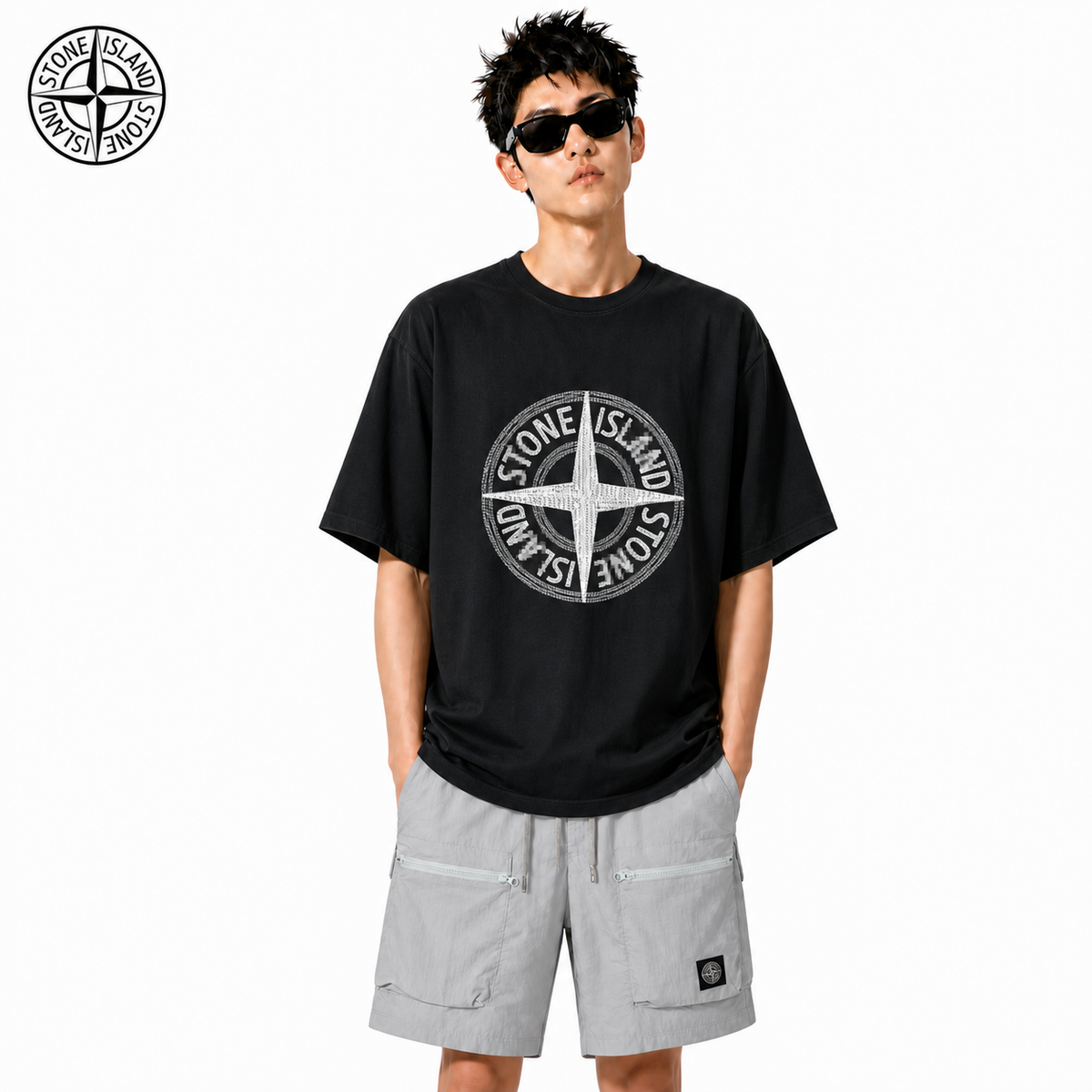 Stone Island Textured Compass Graphic Cotton T-Shirt on male model - front view