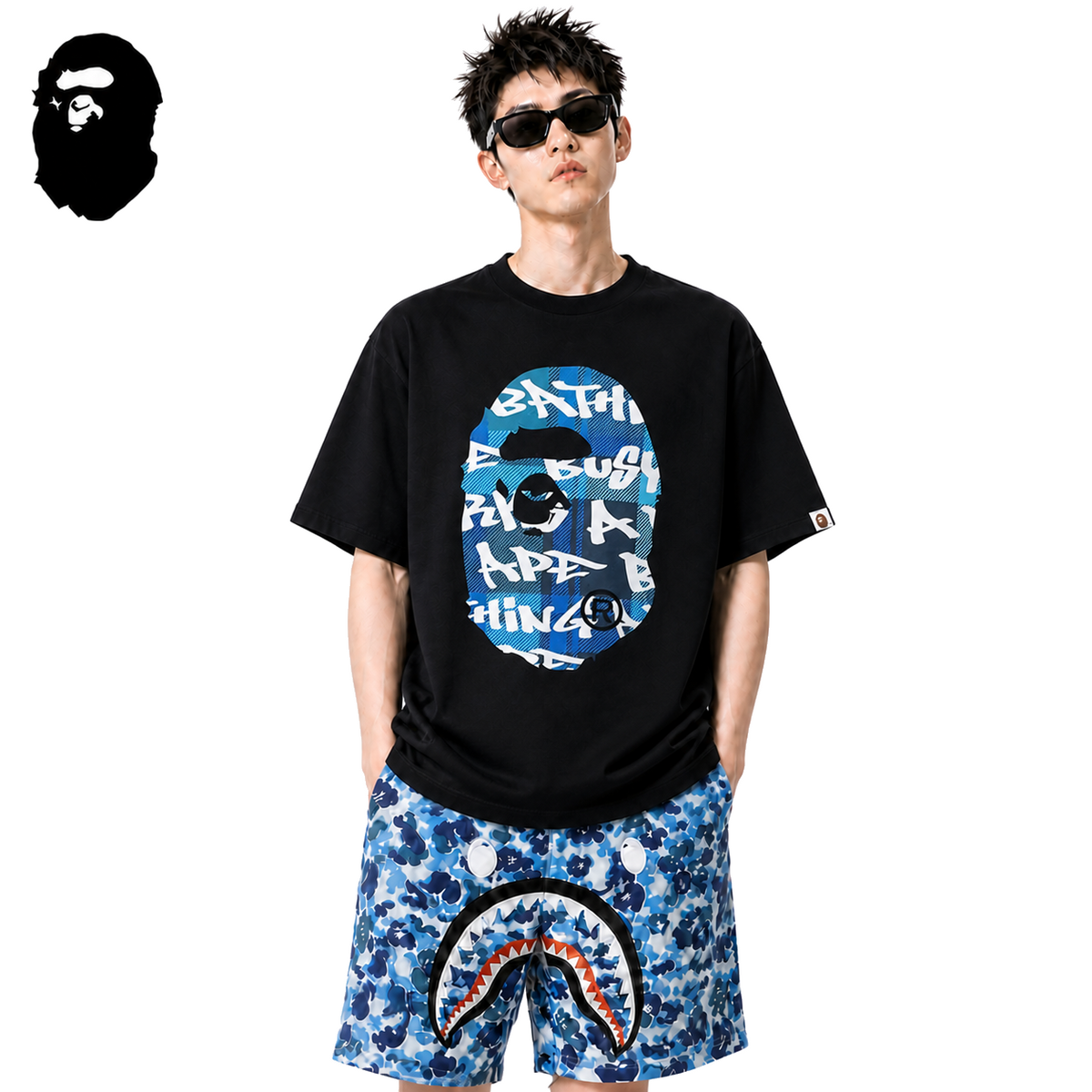 BAPE Blue Stroke Camo Big Ape Head Men's T-Shirt - Black - Black streetwear model on pure white background
