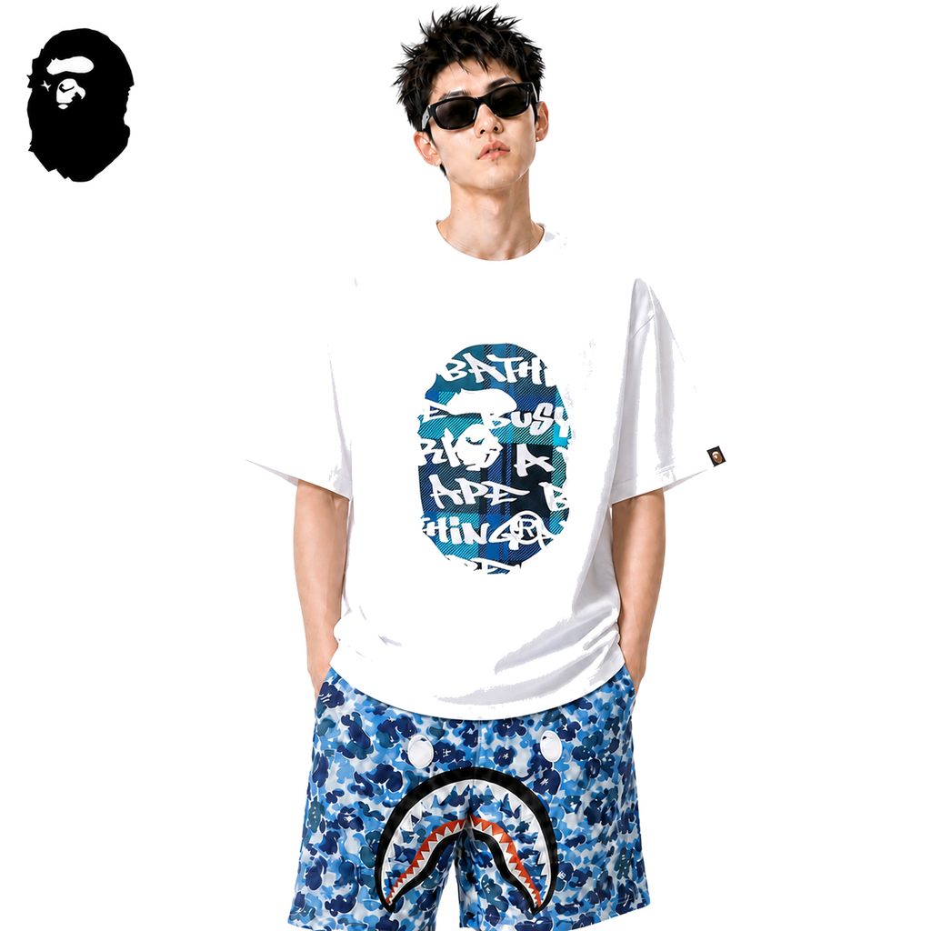 BAPE Blue Stroke Camo Big Ape Head Men's T-Shirt - White - White streetwear model on pure white background