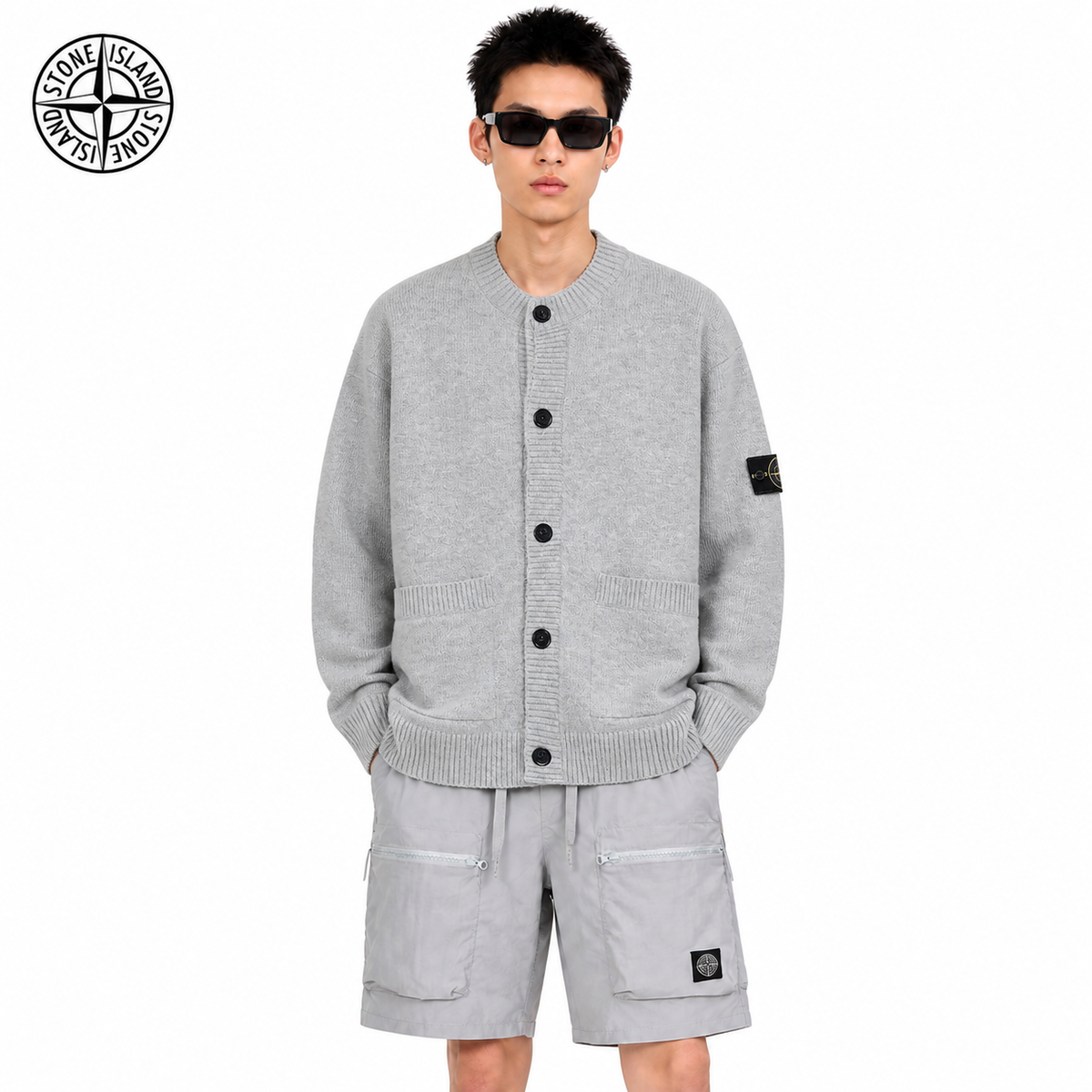 Stone Island Compass Badge Button-Front Knit Cardigan on male model - front view