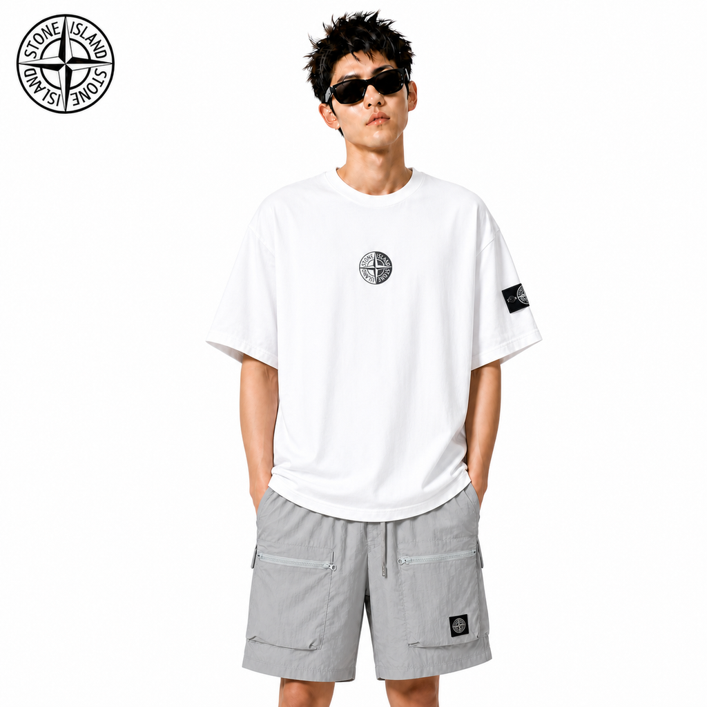 Stone Island Mini Compass Badge Cotton T-Shirt on male model - front view