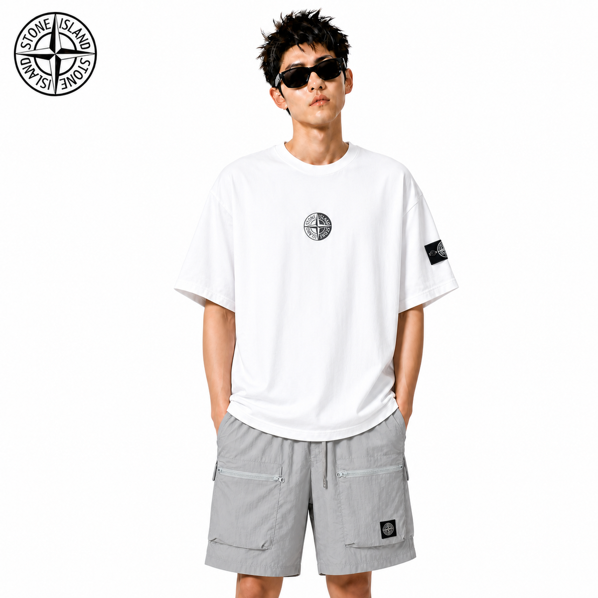 Stone Island Mini Compass Badge Cotton T-Shirt on male model - front view