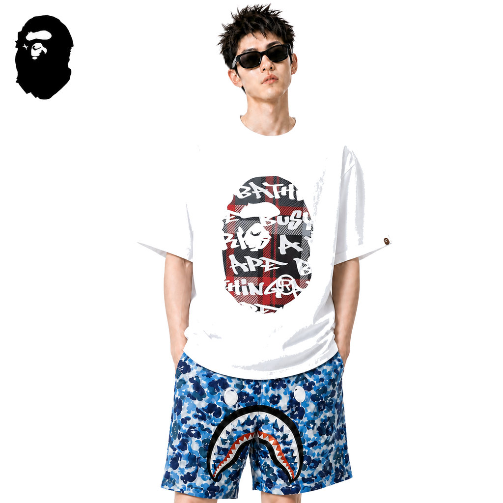 BAPE Red Stroke Camo Big Ape Head Men's T-Shirt - White - White streetwear model on pure white background