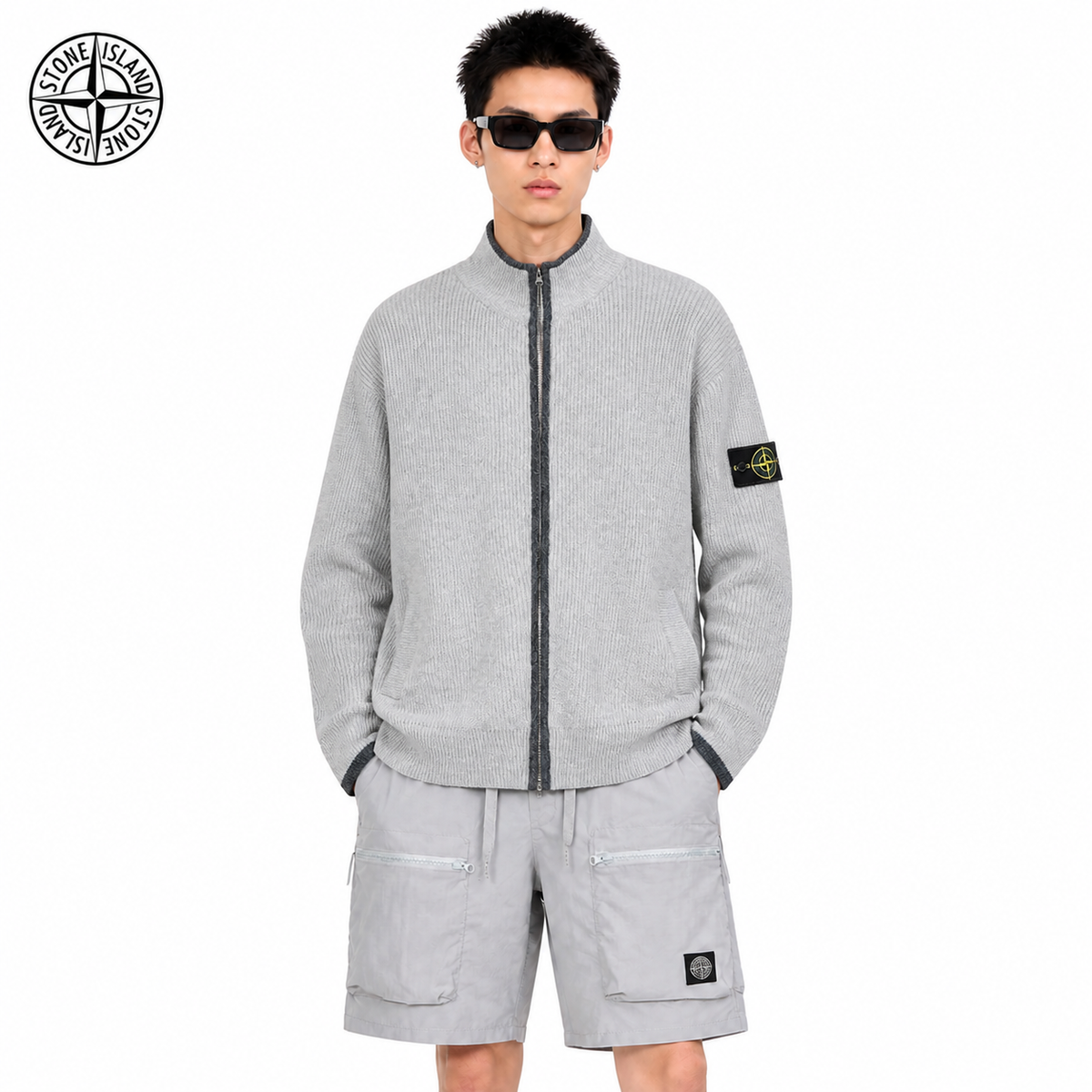 Stone Island Compass Badge Mock-Neck Zip Knit Jacket on male model - front view