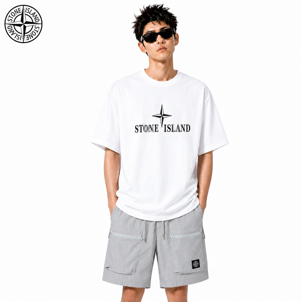 Stone Island Star Wordmark Graphic Cotton T-Shirt on male model - front view