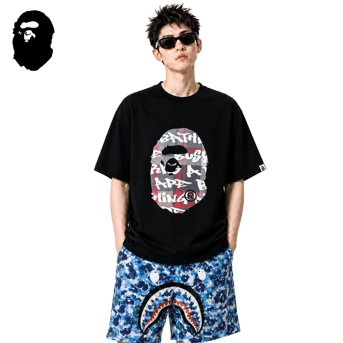 BAPE Red Stroke Camo Big Ape Head Men's T-Shirt - Black - Black streetwear model on pure white background