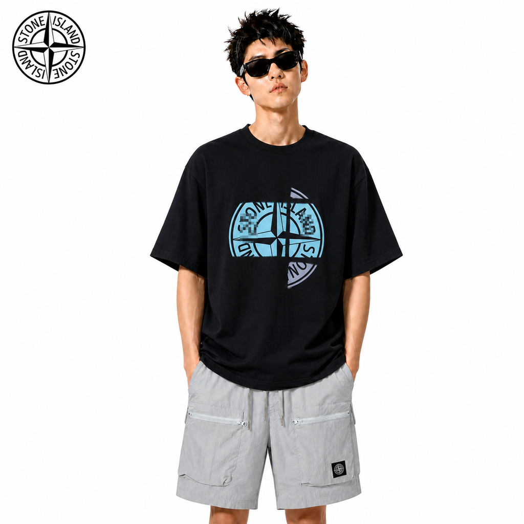 Stone Island Fragmented Blue Compass Cotton T-Shirt on male model - front view