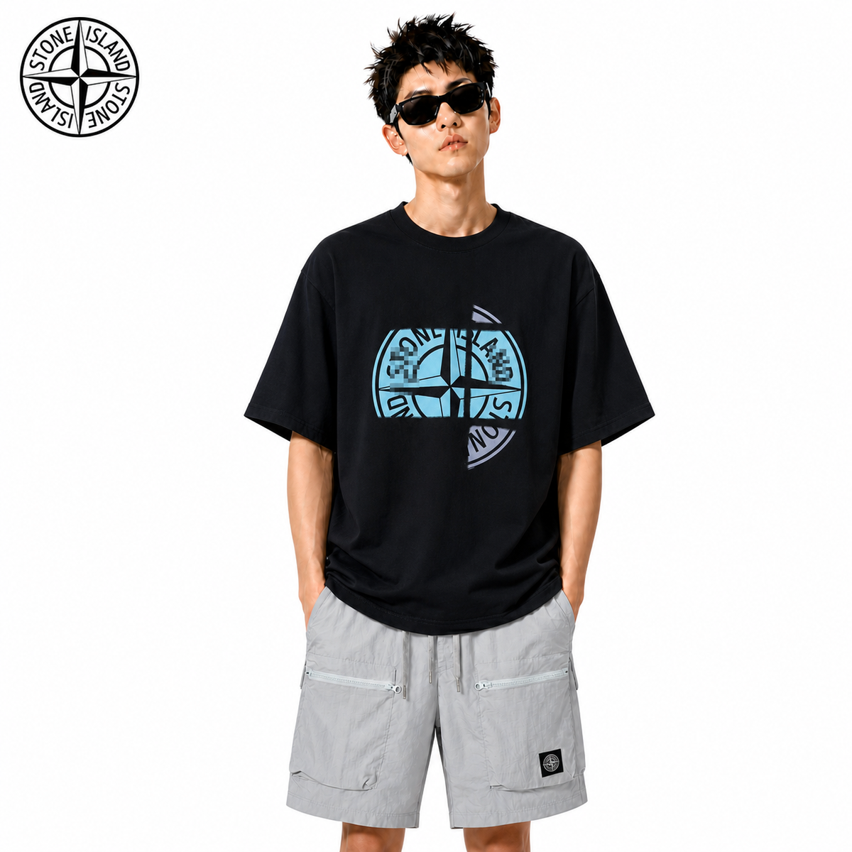 Stone Island Fragmented Blue Compass Cotton T-Shirt on male model - front view