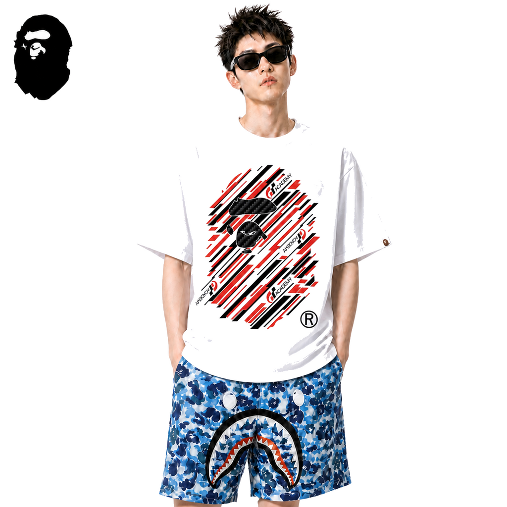 BAPE x Gran Turismo Stripe Ape Head Men's T-Shirt - White - White streetwear model on pure white background