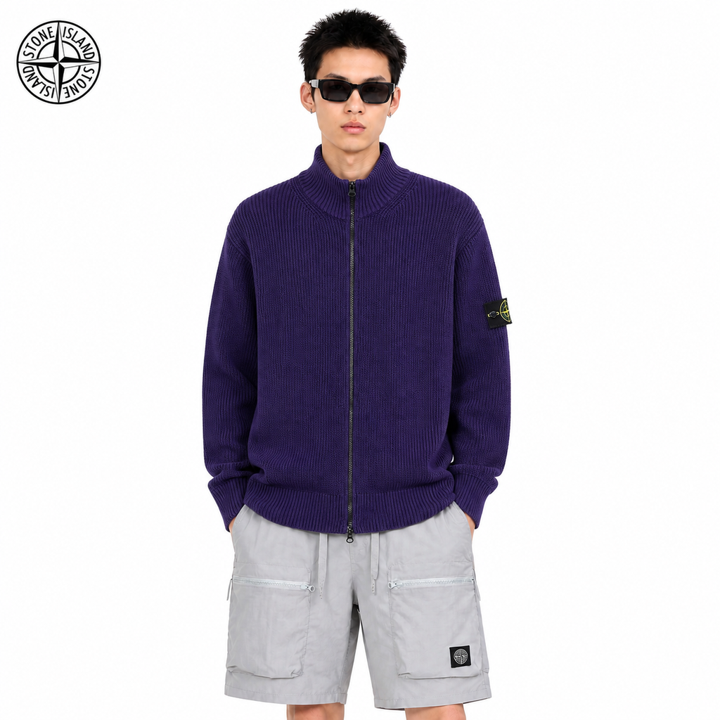 Stone Island Compass Badge Zip-Up Knit Cardigan on male model - front view