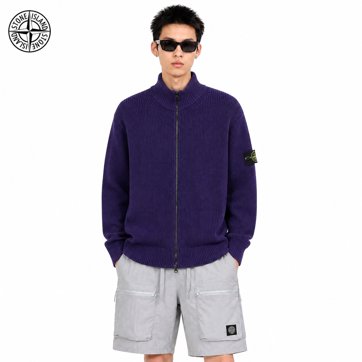 Stone Island Compass Badge Zip-Up Knit Cardigan on male model - front view