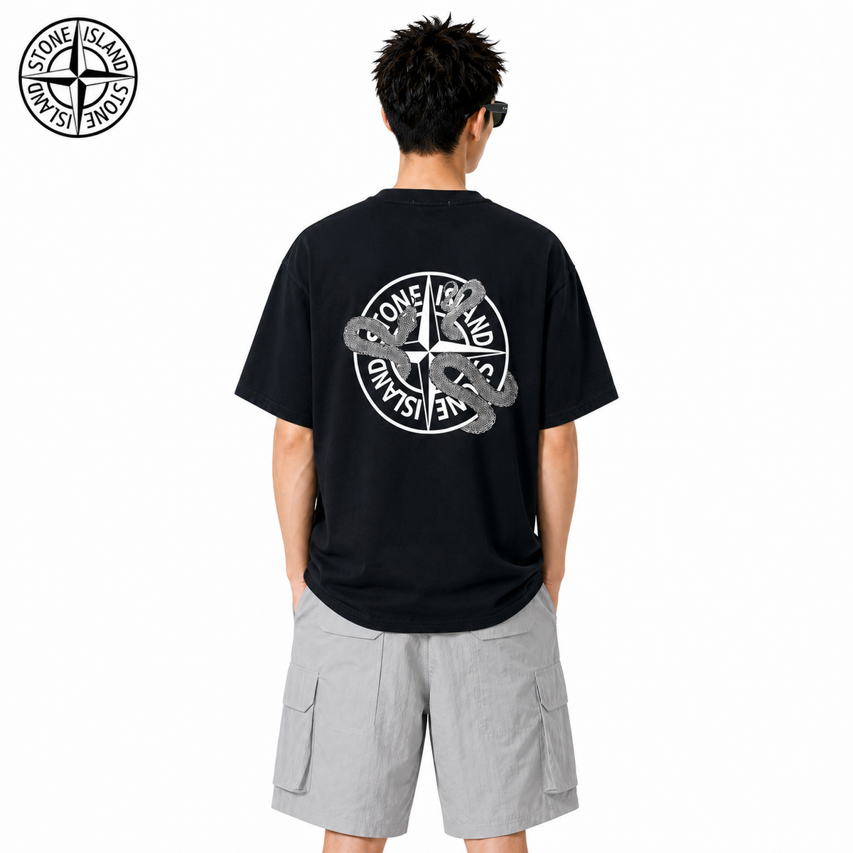 Stone Island Snake Compass Back Graphic Cotton T-Shirt on male model - back view